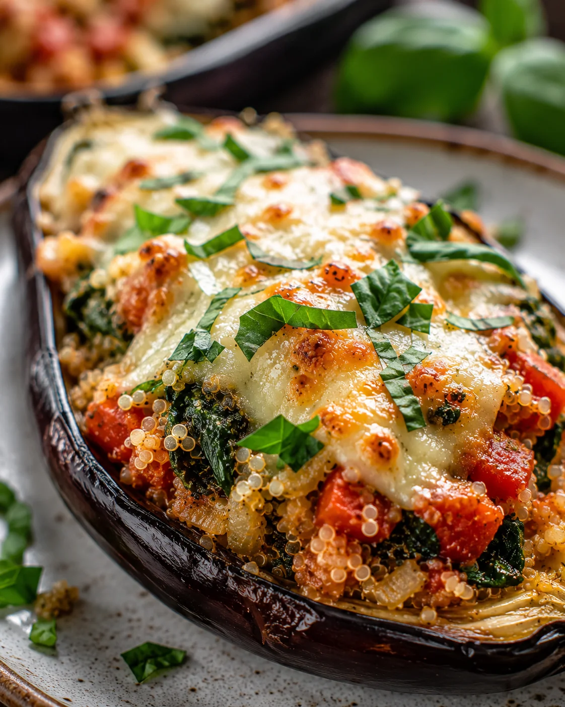 Italian Baked Stuffed Eggplant Delicious baked eggplant filled with vegetables, cheese, and herbs on a plate.