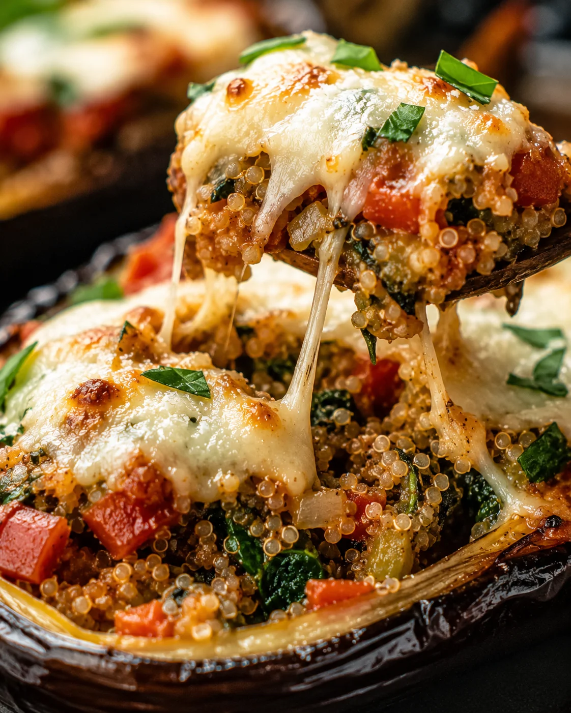 Italian Baked Stuffed Eggplant Close-up of cheesy stuffed eggplant with melted cheese and fresh herbs on top.
