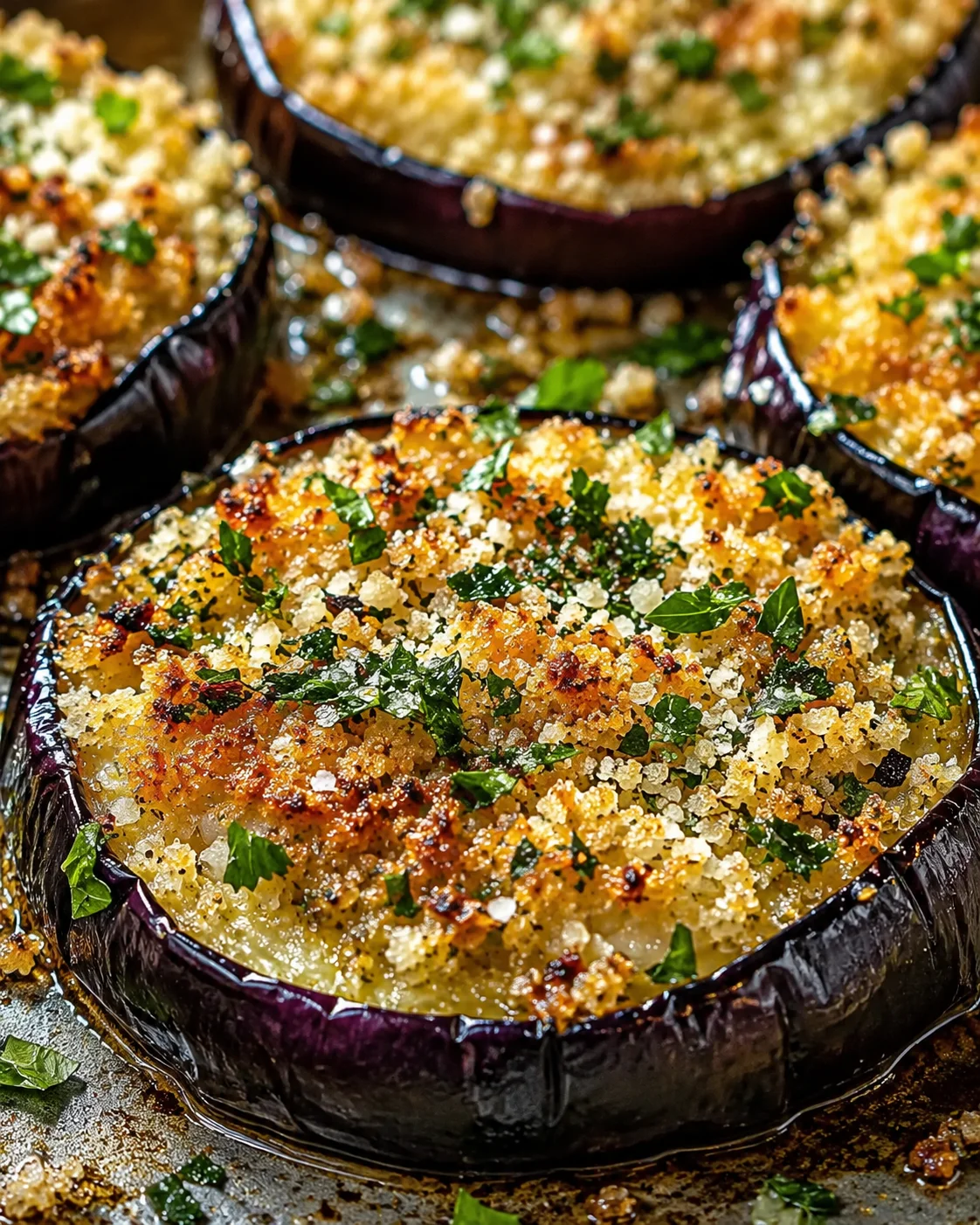 Golden crispy eggplant slices topped with herbs and cheese, fresh out of the oven.