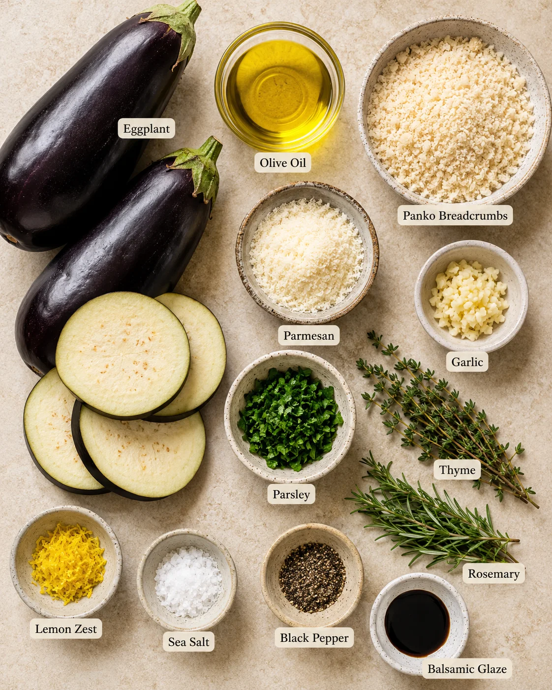 Fresh eggplants with herbs, garlic, and breading ingredients on a neutral background