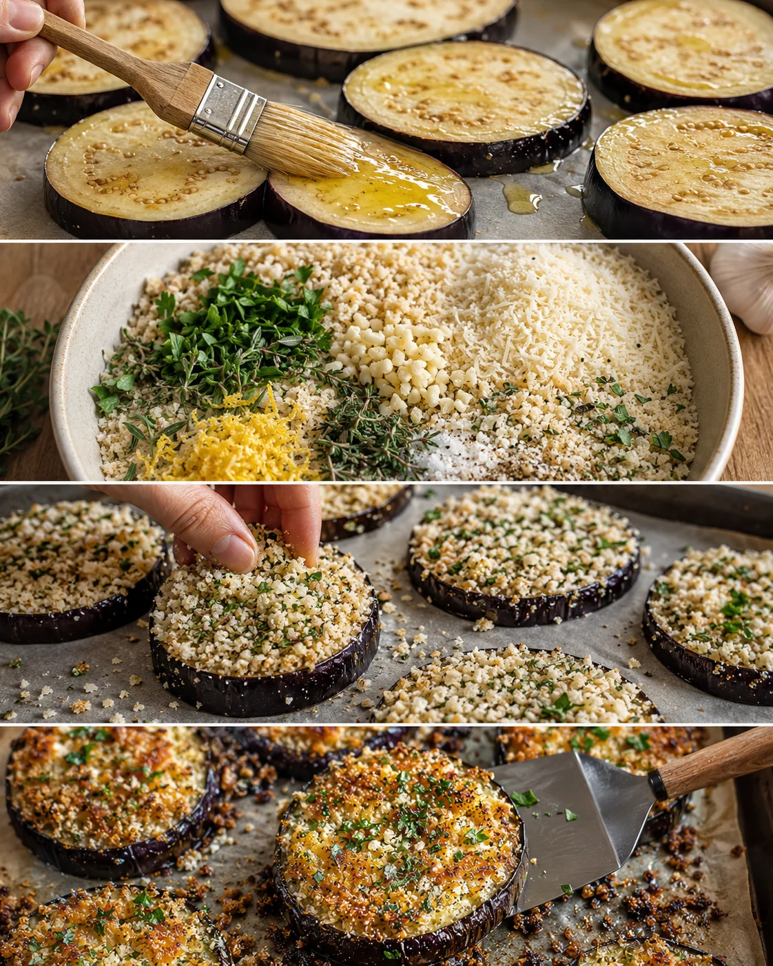 Golden crusted eggplant slices with garlic and herbs fresh from the oven