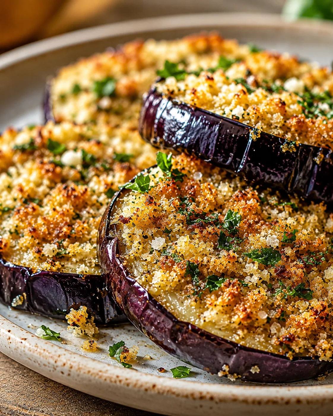 Golden, crispy eggplant slices topped with herbs and cheese on a plate.