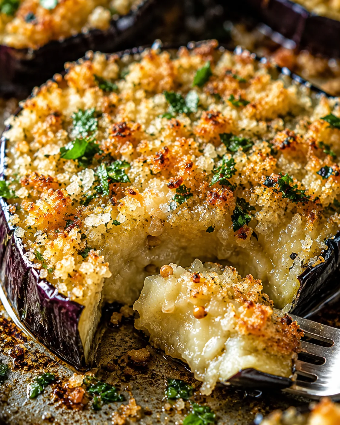 Golden, crunchy baked eggplant slices topped with herbs and breadcrumbs.