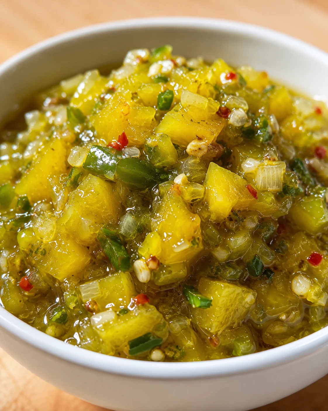 Close-up of vibrant, homemade banana pepper relish in a white bowl.