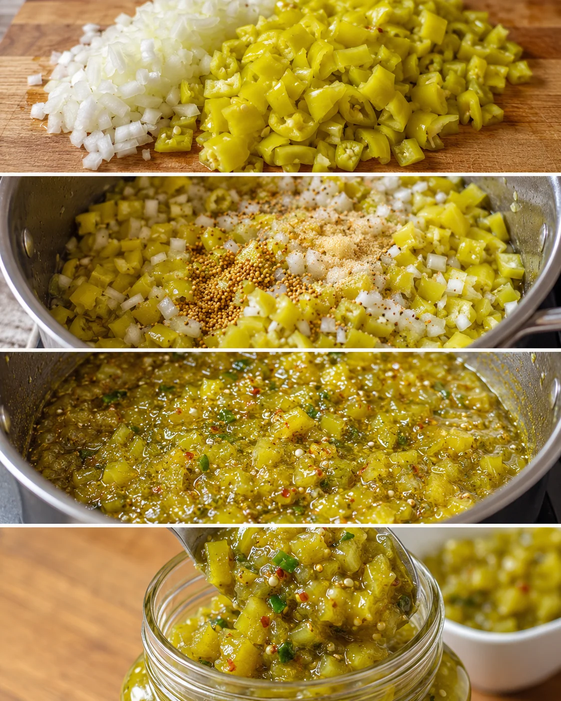 Bright yellow chopped banana peppers and onions ready for relish preparation.