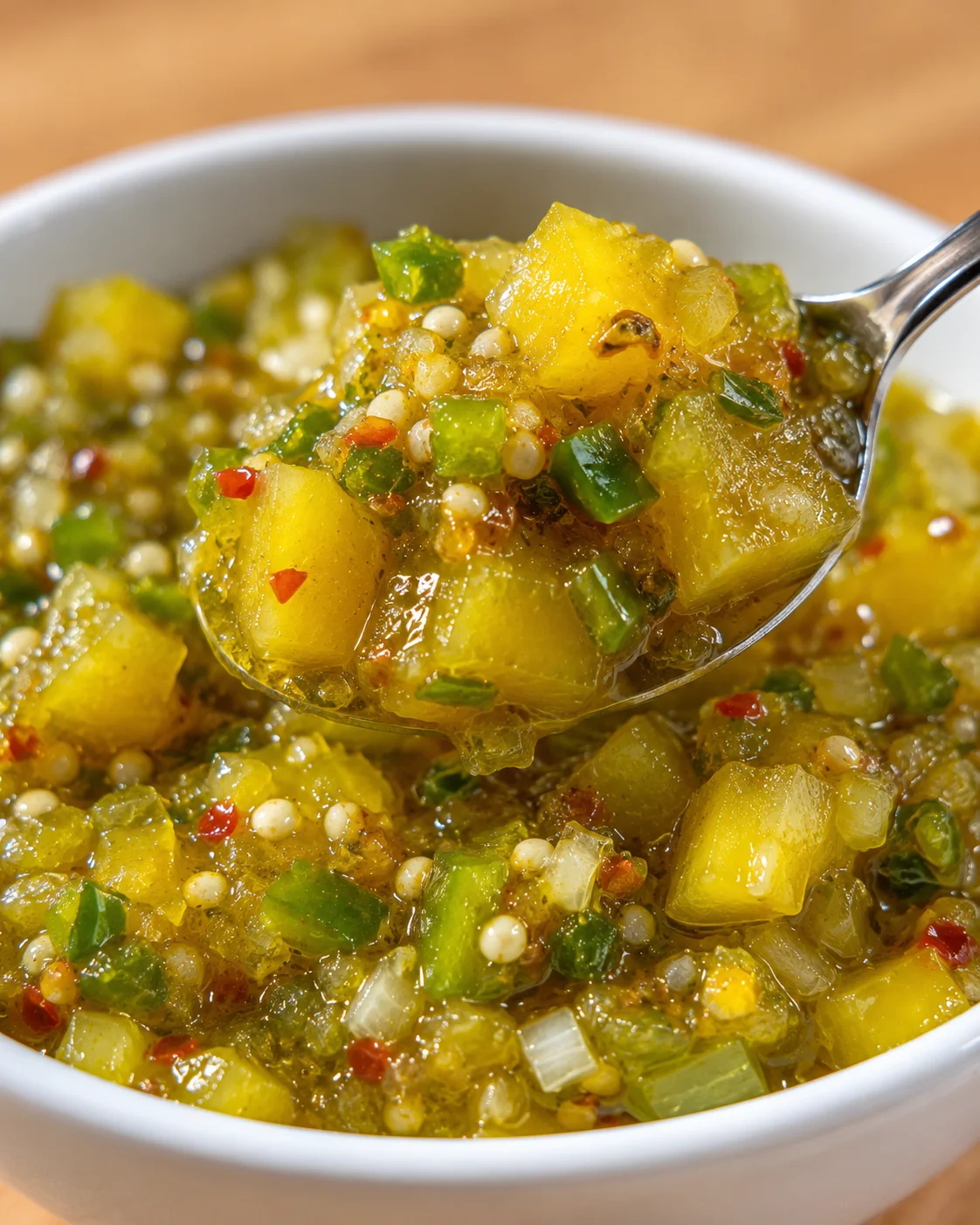 Close-up of vibrant banana pepper relish in a white bowl with a spoon