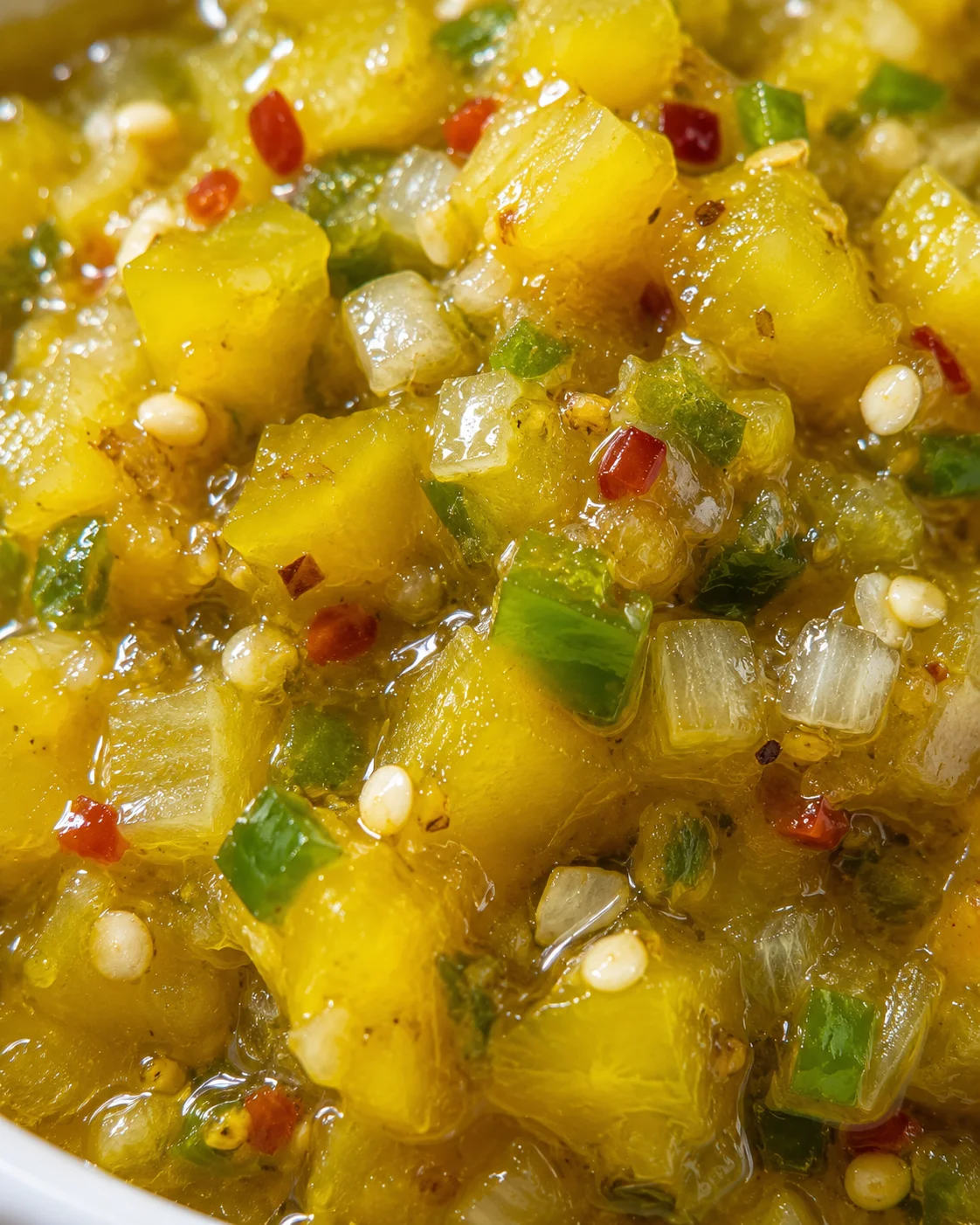 Close-up of bright yellow relish with chopped peppers and onions.