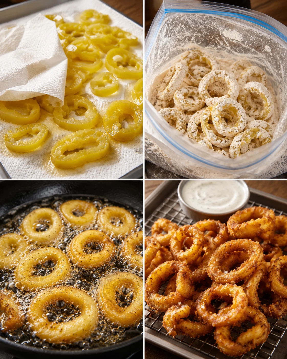 Golden crispy fried banana peppers served with dipping sauce on a wire rack