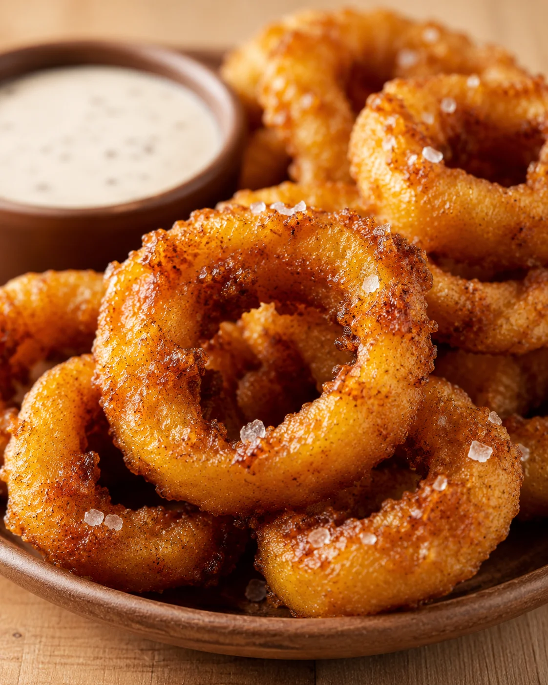 Golden fried banana pepper rings served with dipping sauce, crispy and flavorful.