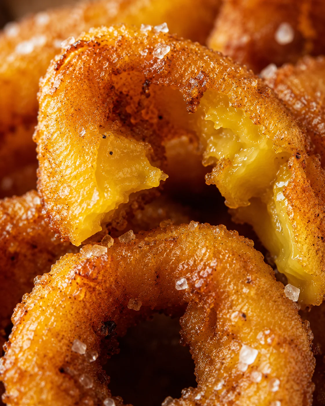 Close-up of golden crispy fried banana pepper rings with salt