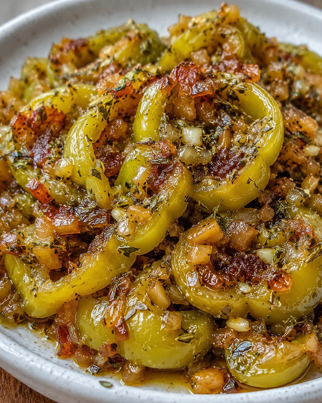 Close-up of cooked banana peppers with brown butter and herbs on a plate