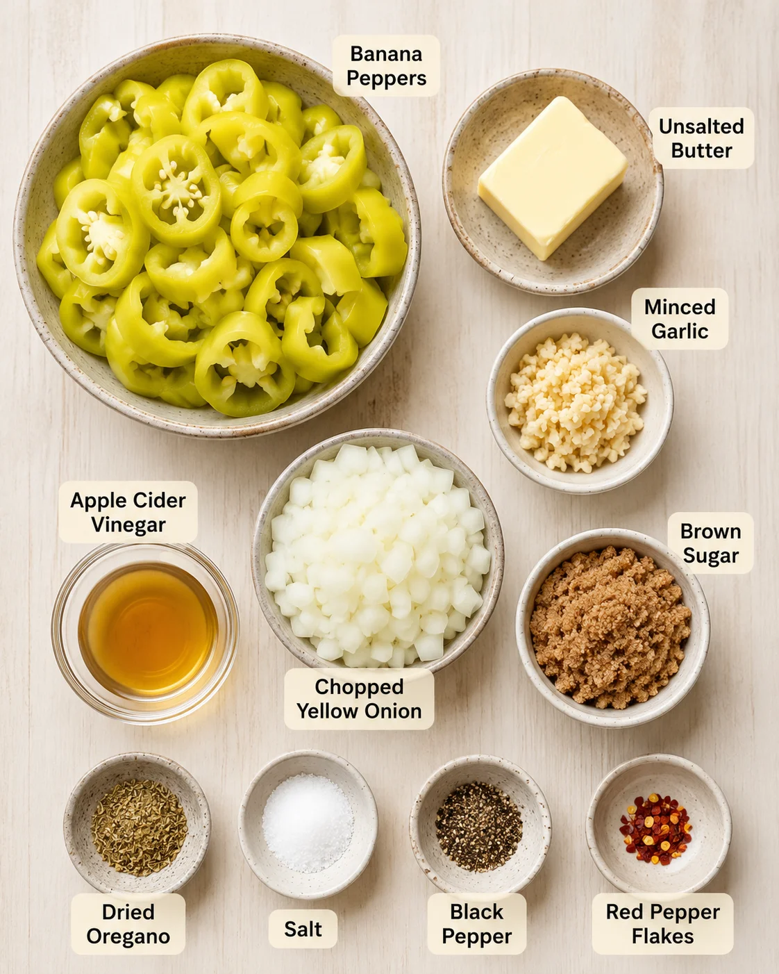 Bowl of sliced banana peppers with ingredients for the recipe displayed around.