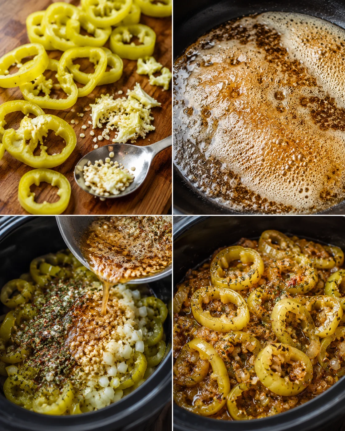 Close-up of sliced banana peppers with garlic and grated cheese on a wooden board.