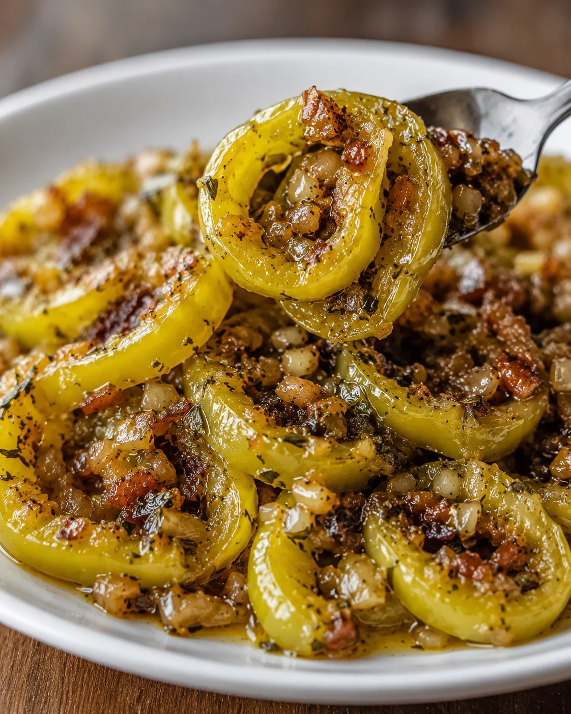 Close-up of cooked banana peppers with browned butter and savory filling on a white plate.