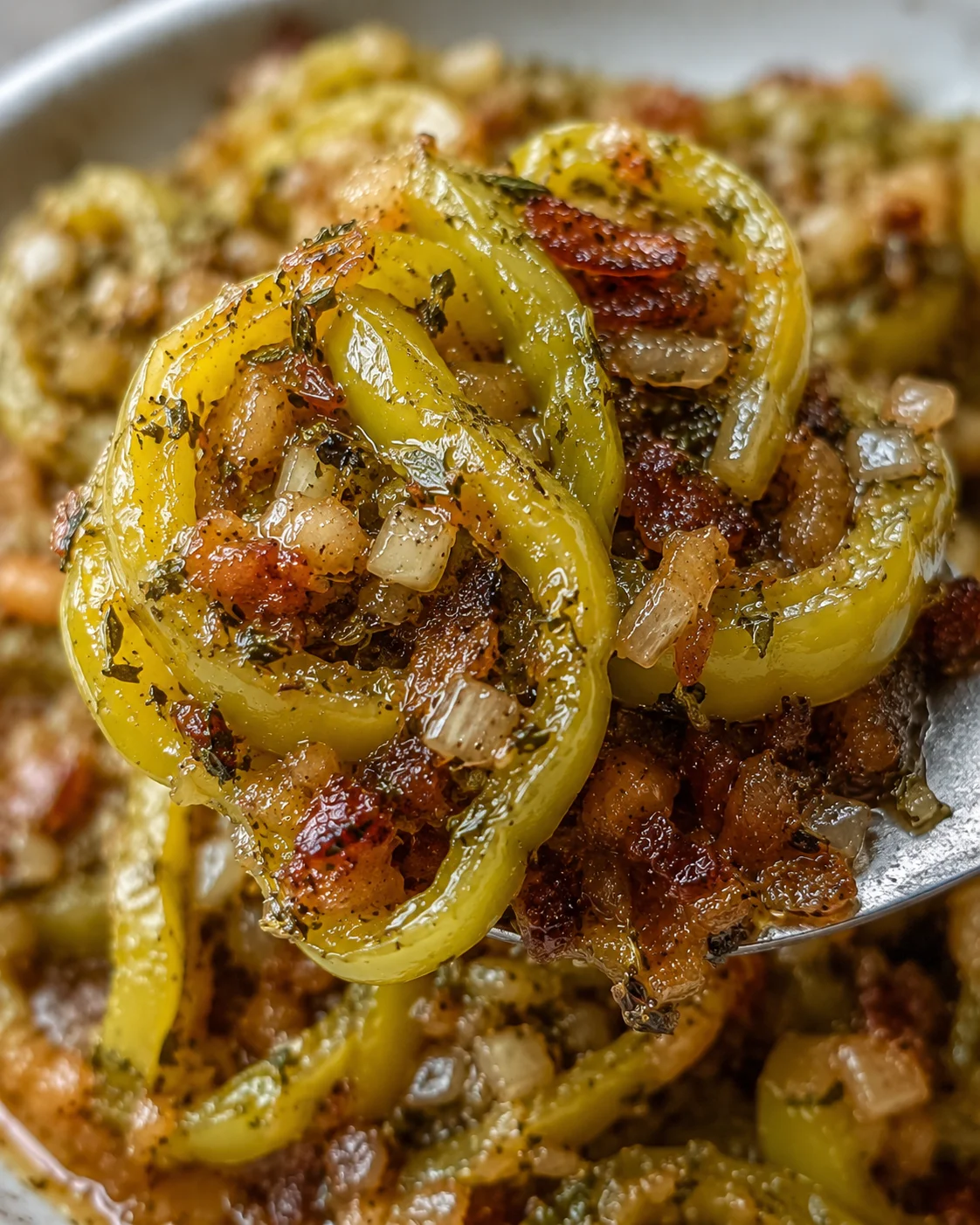 Close-up of stuffed banana peppers with brown butter and seasoning.