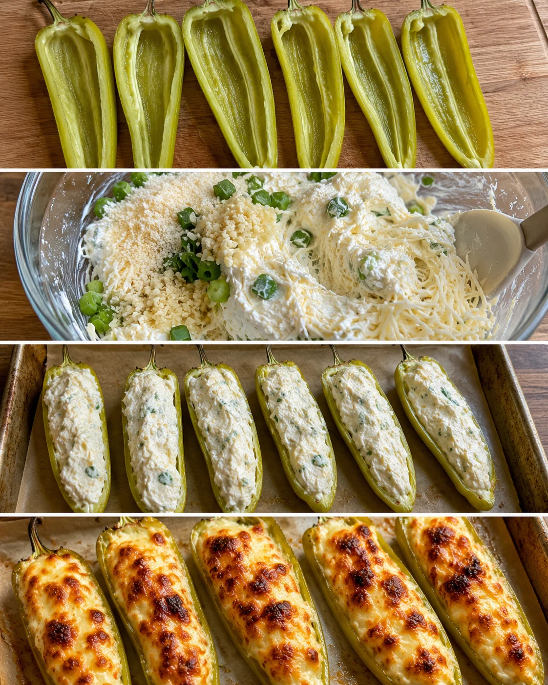 Halved banana peppers filled with creamy cheese and baked to perfection.