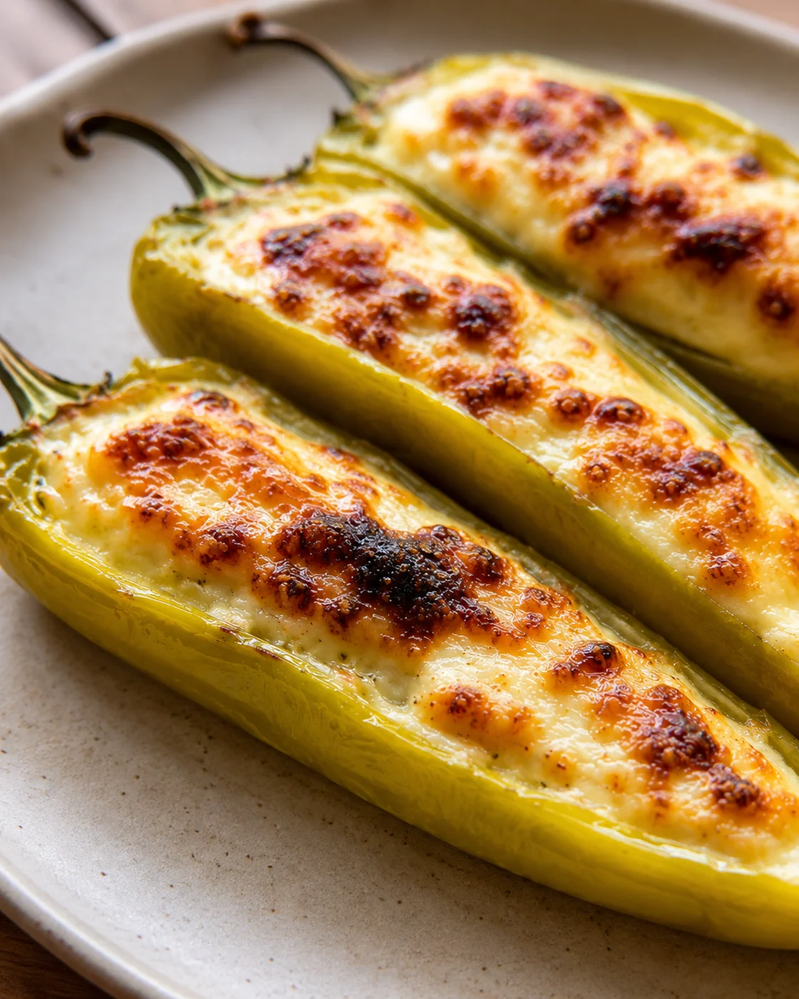 Baked banana peppers filled with creamy cheese and topped with golden-brown crust.