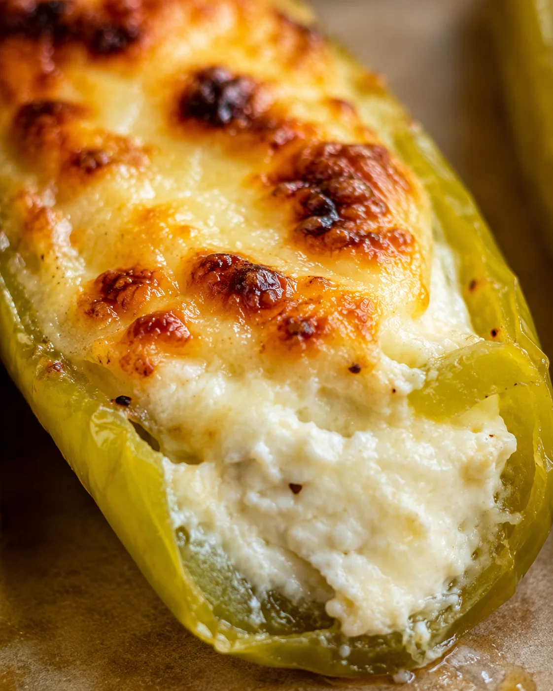 Close-up of baked banana peppers filled with creamy cheese, topped with melted, golden-brown cheese.
