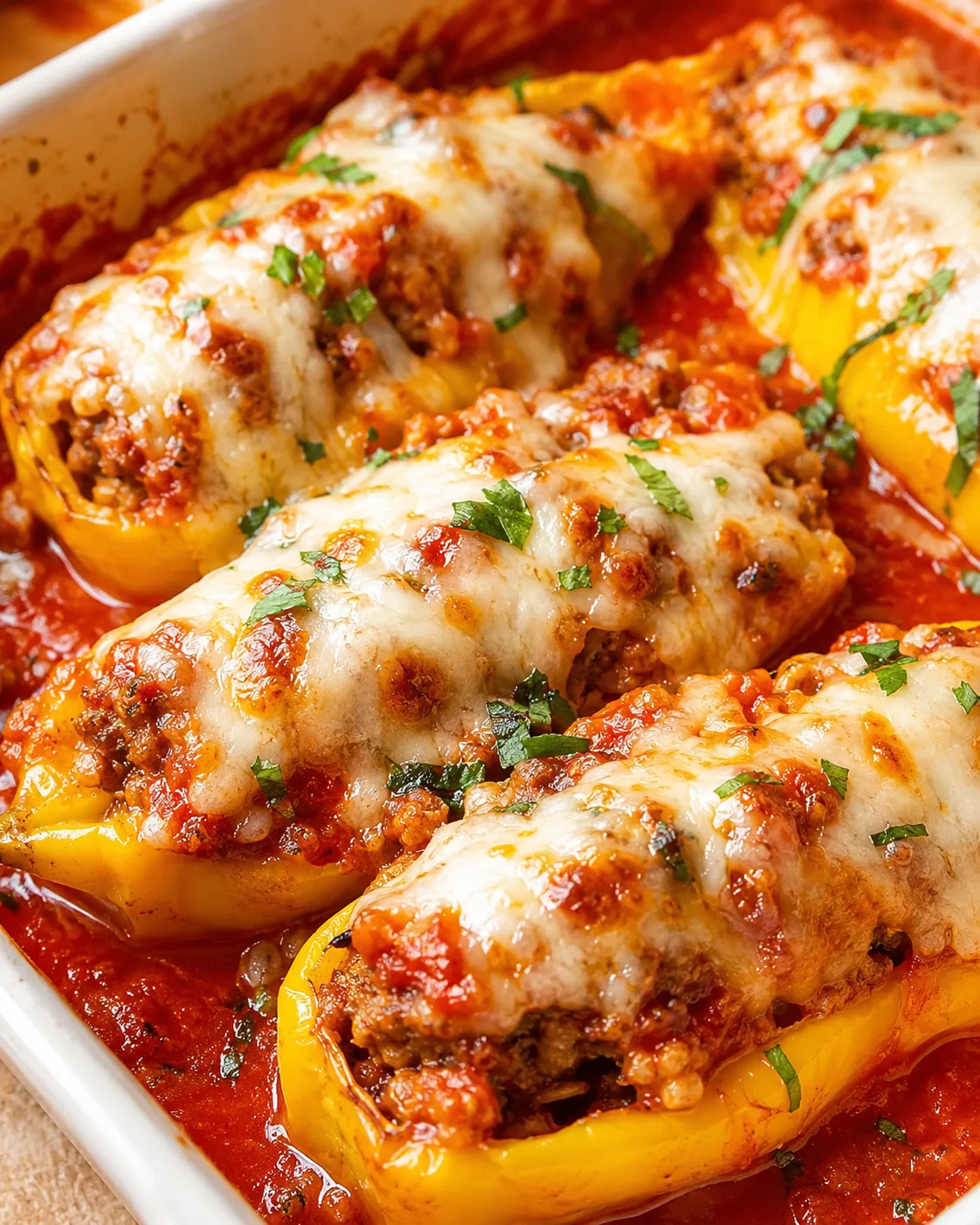 Delicious baked banana peppers filled with Italian sausage, cheese, and marinara sauce