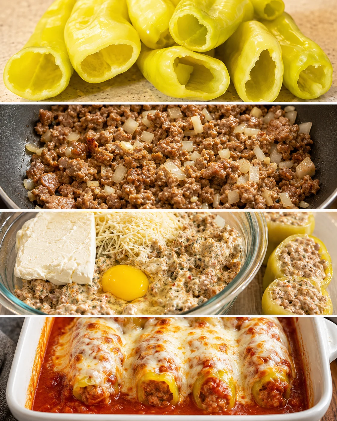 Close-up of cooked banana peppers stuffed with savory Italian sausage and cheese.
