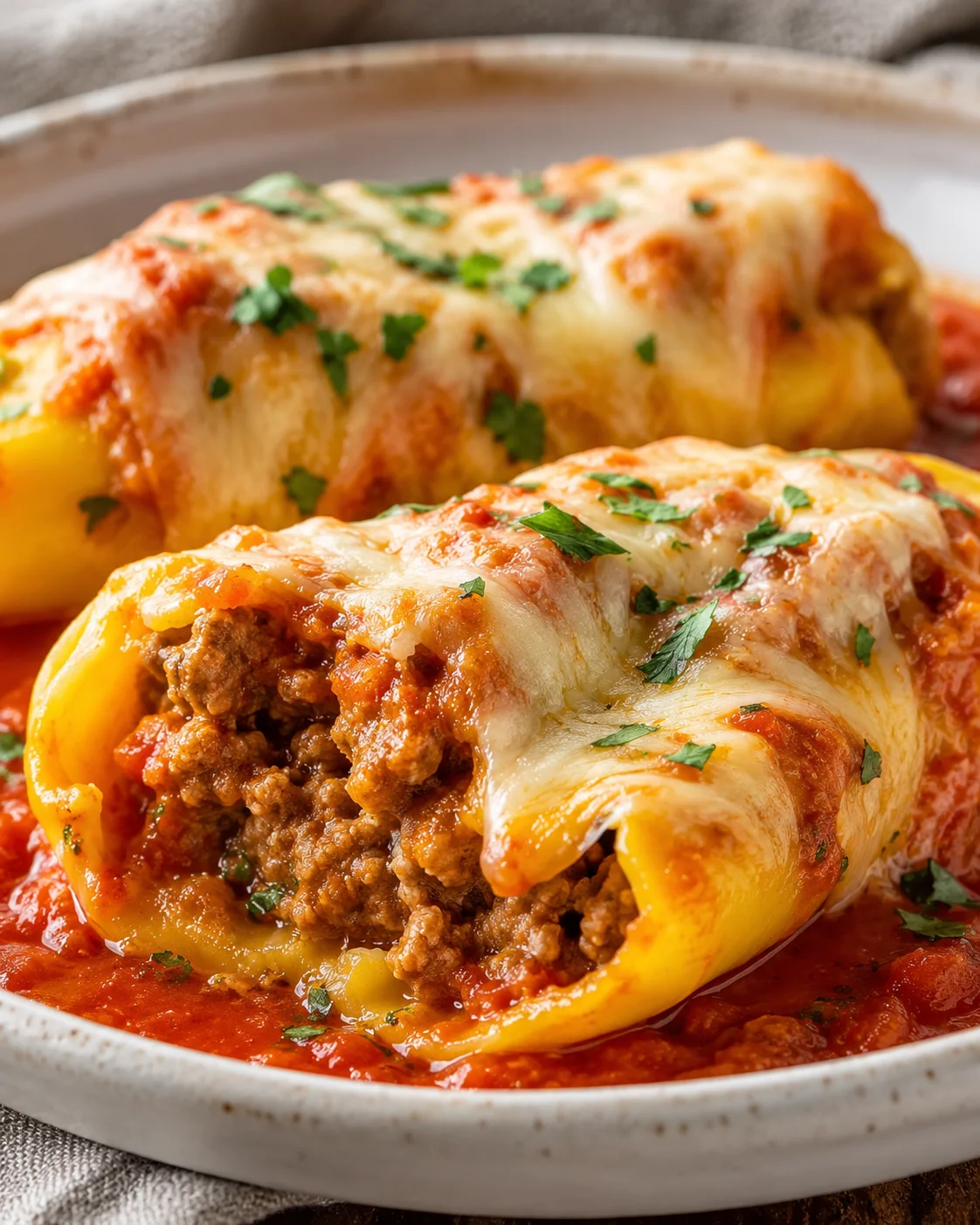 Delicious baked banana peppers filled with sausage and melted cheese, garnished with herbs.