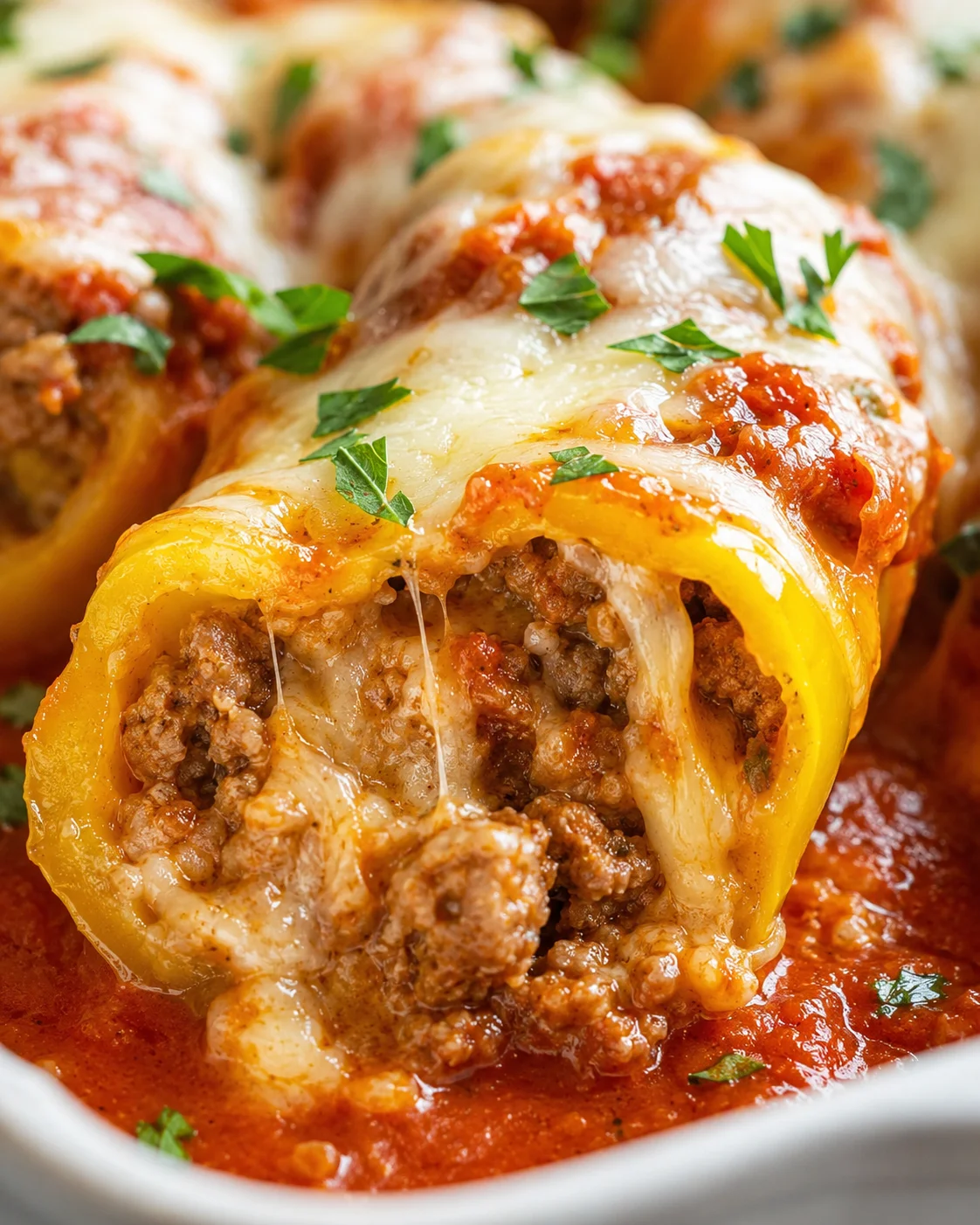 Delicious baked banana peppers filled with Italian sausage and melted cheese, garnished with herbs