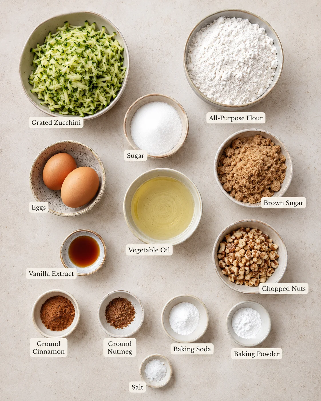 Bowl of grated zucchini, flour, sugar, nuts, and baking ingredients for muffins.