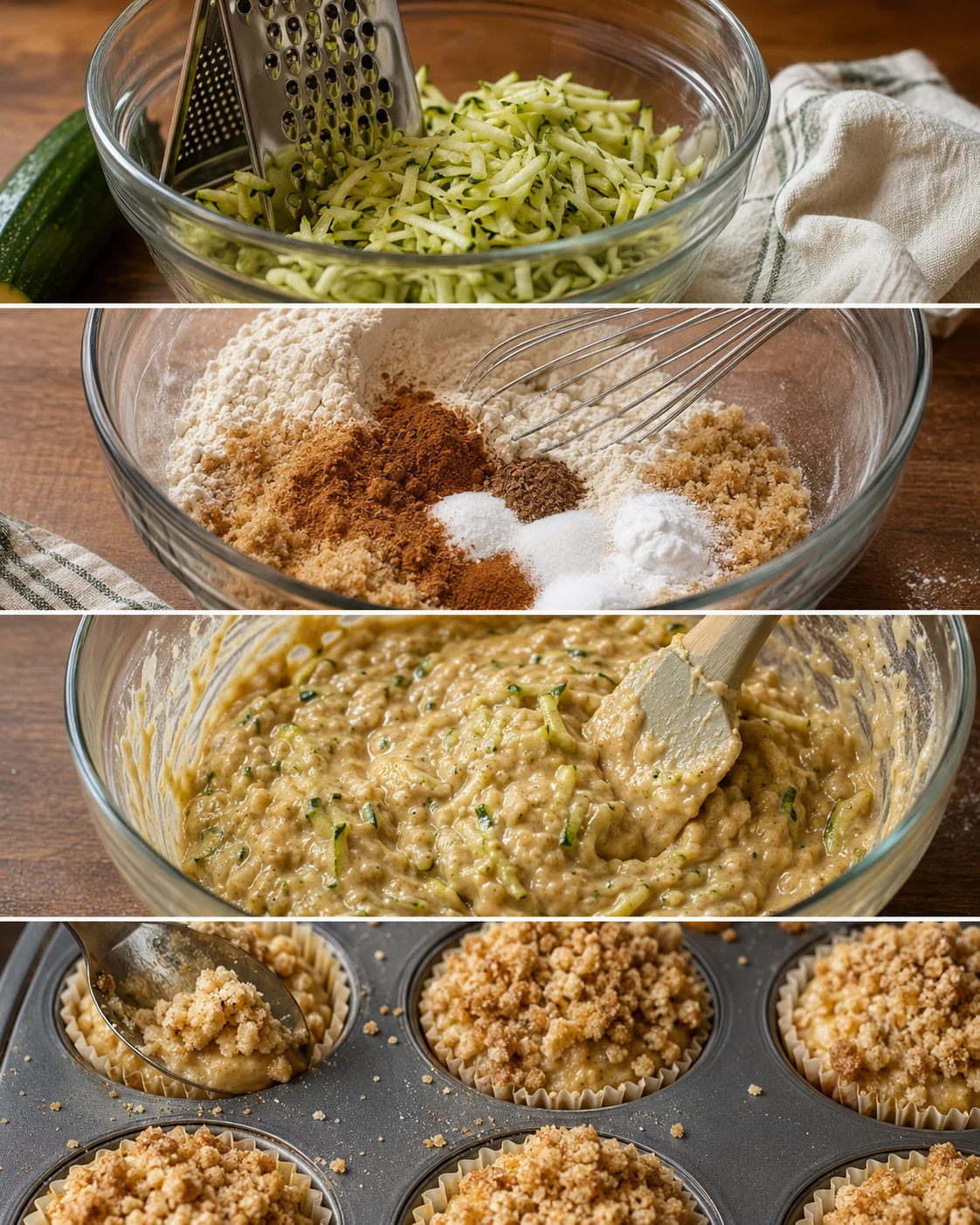 Freshly baked zucchini coffee cake muffins topped with crumble in muffin tin.