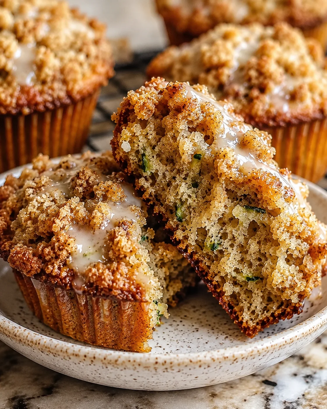 Delicious, moist zucchini coffee cake muffins with cinnamon topping on a plate