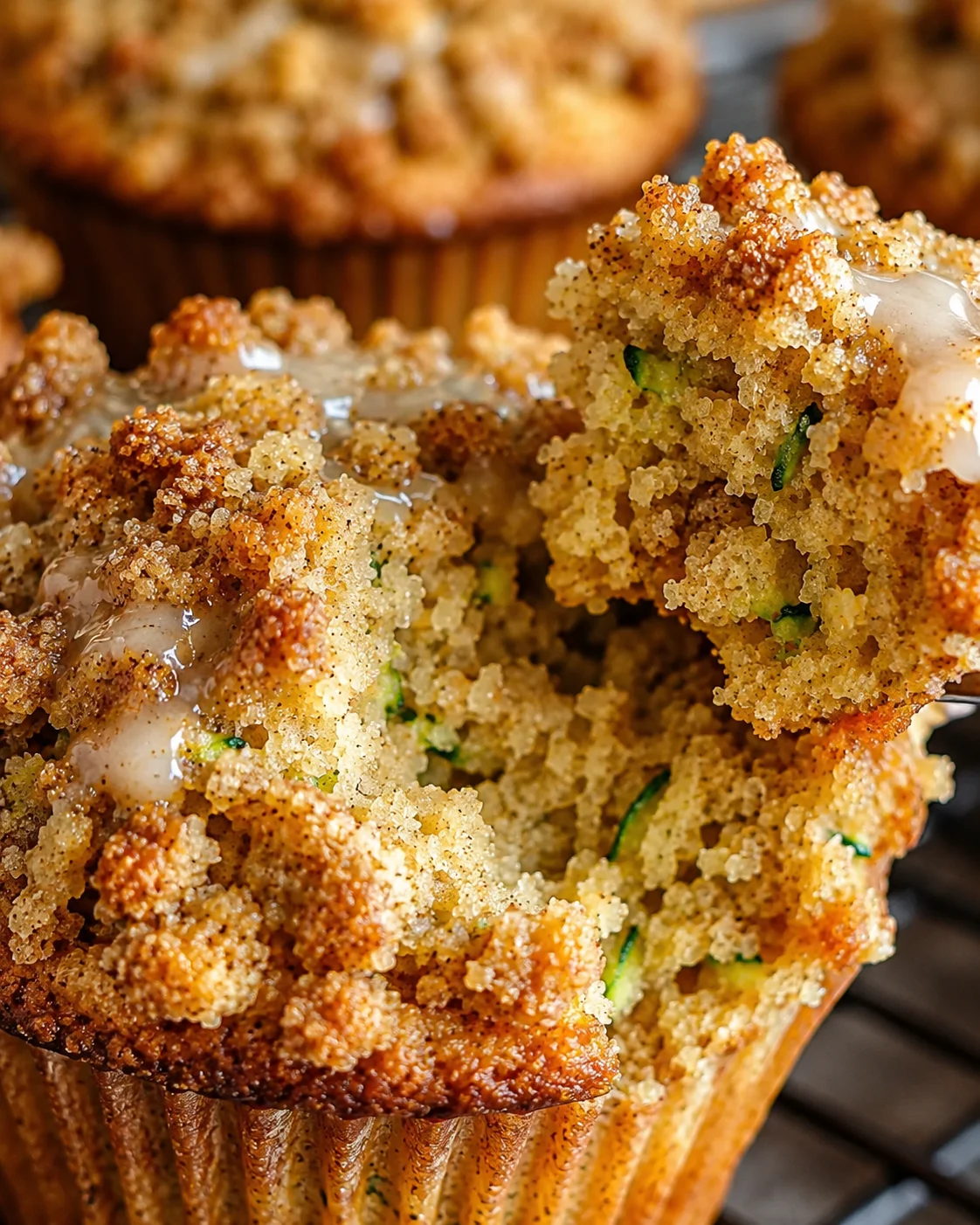 Close-up of moist zucchini coffee cake muffins with crumb topping and a drizzle of glaze