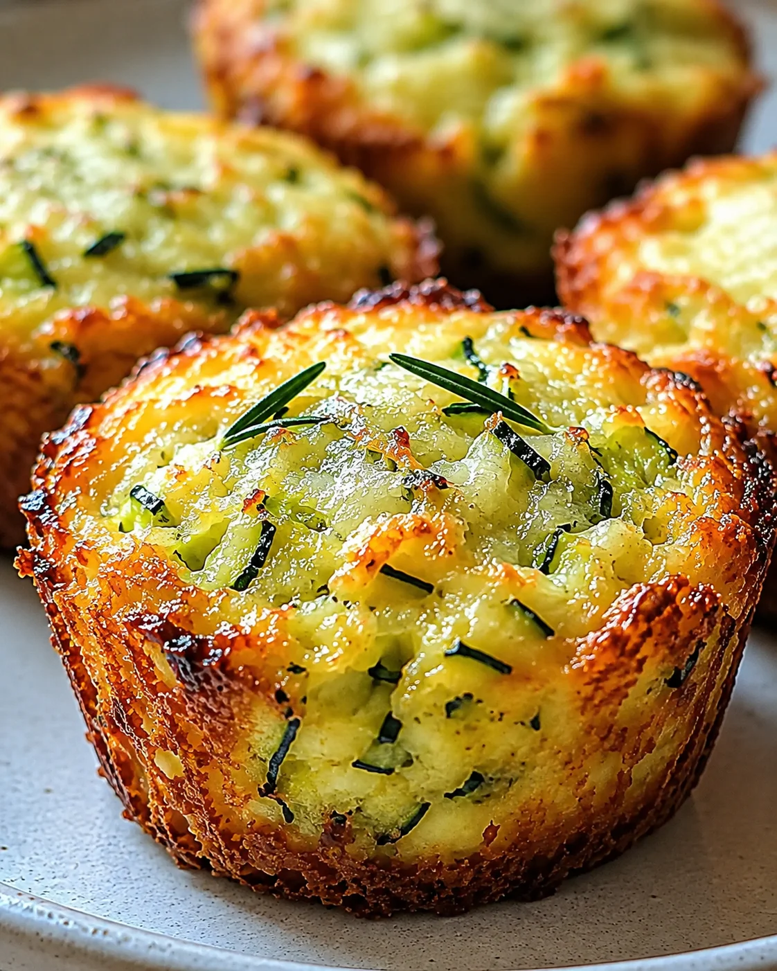Golden crispy Parmesan zucchini muffins garnished with herbs, on a white plate.