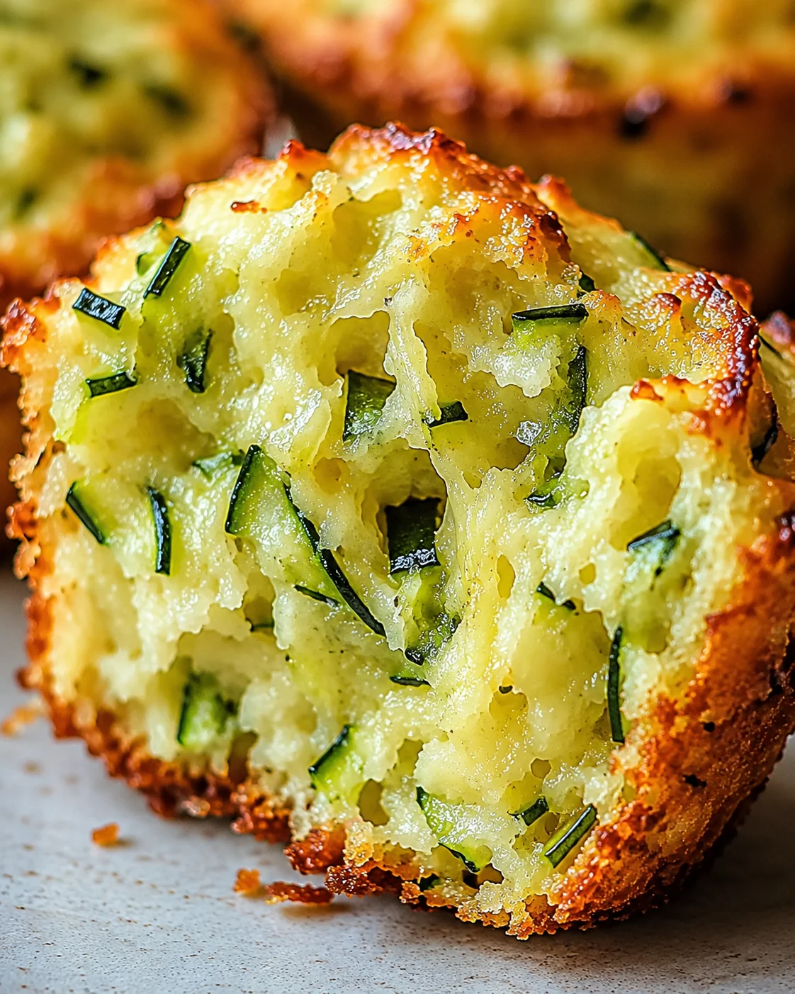 Close-up of a crispy, golden zucchini muffin with melted cheese and herbs