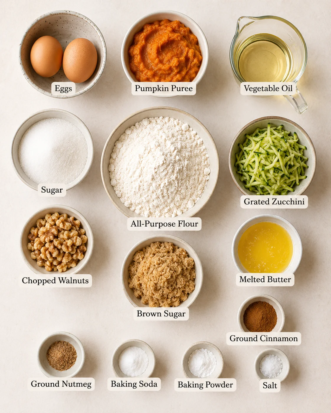 Arrangement of ingredients for pumpkin zucchini muffins on a light background
