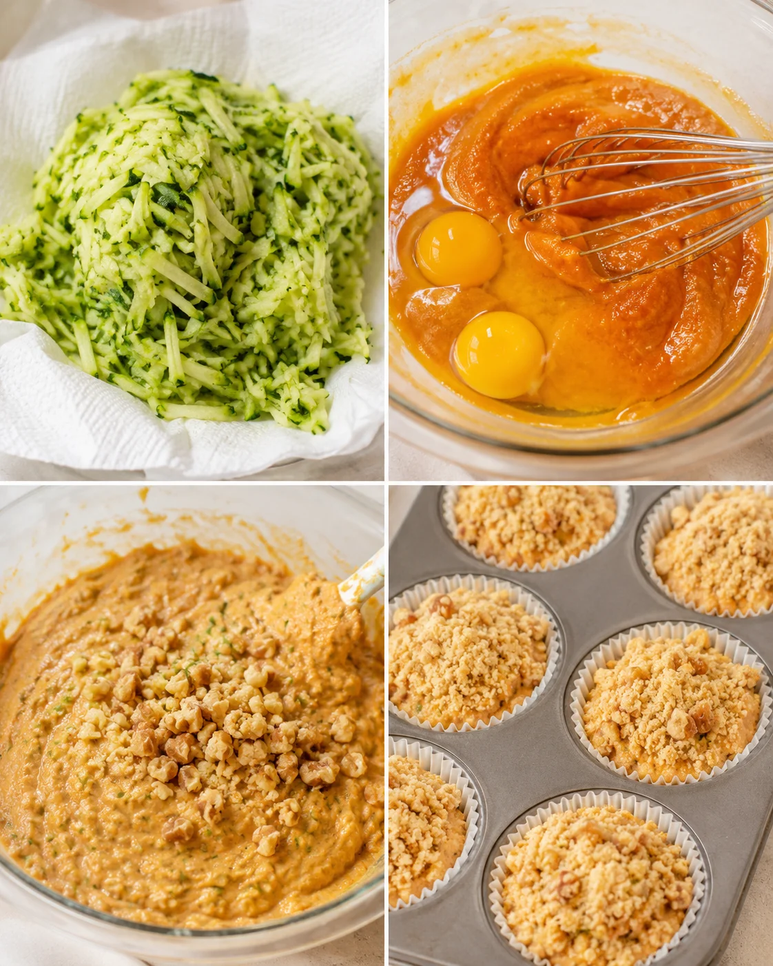 Freshly baked pumpkin zucchini muffins with crumb topping and walnuts.