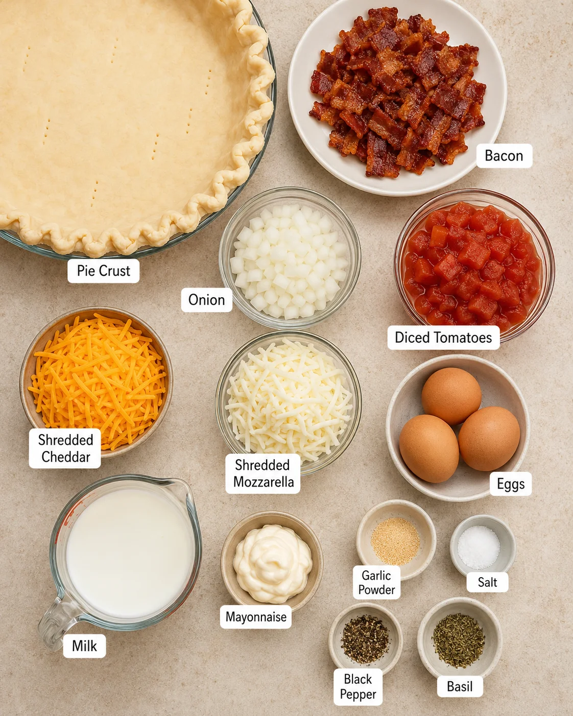 Assorted ingredients for making bacon onion tomato pie, including pie crust, bacon, tomatoes, and cheese.