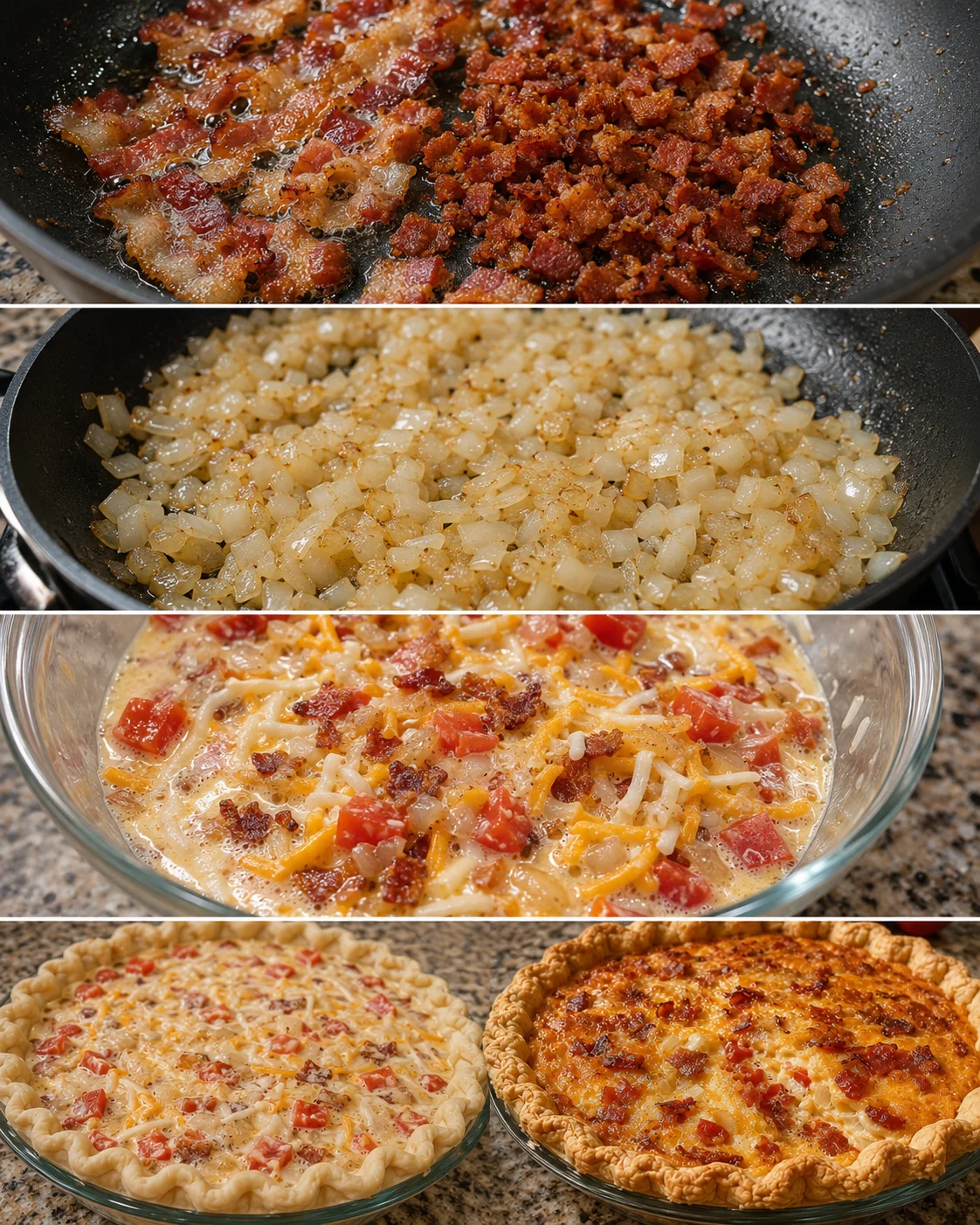 Delicious homemade bacon onion tomato pie with flaky crust and melted cheese.