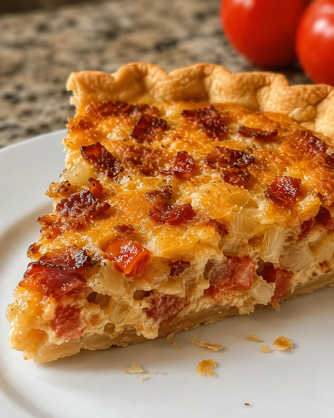 Close-up of a slice of crispy bacon, onion, and tomato pie on a white plate.