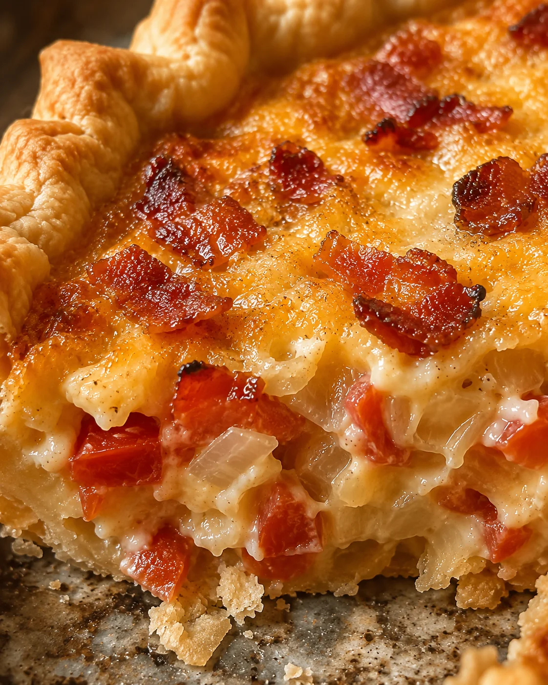 Close-up of a freshly baked bacon onion tomato pie with crispy crust, cheese, and toppings.
