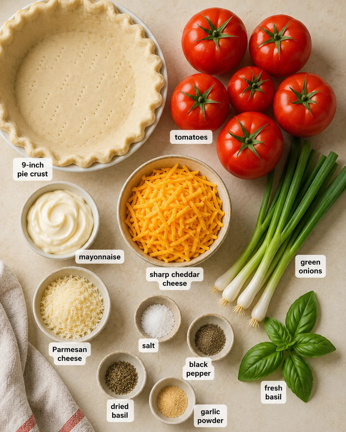 Fresh tomatoes, cheese, green onions, and pie crust arranged for baking