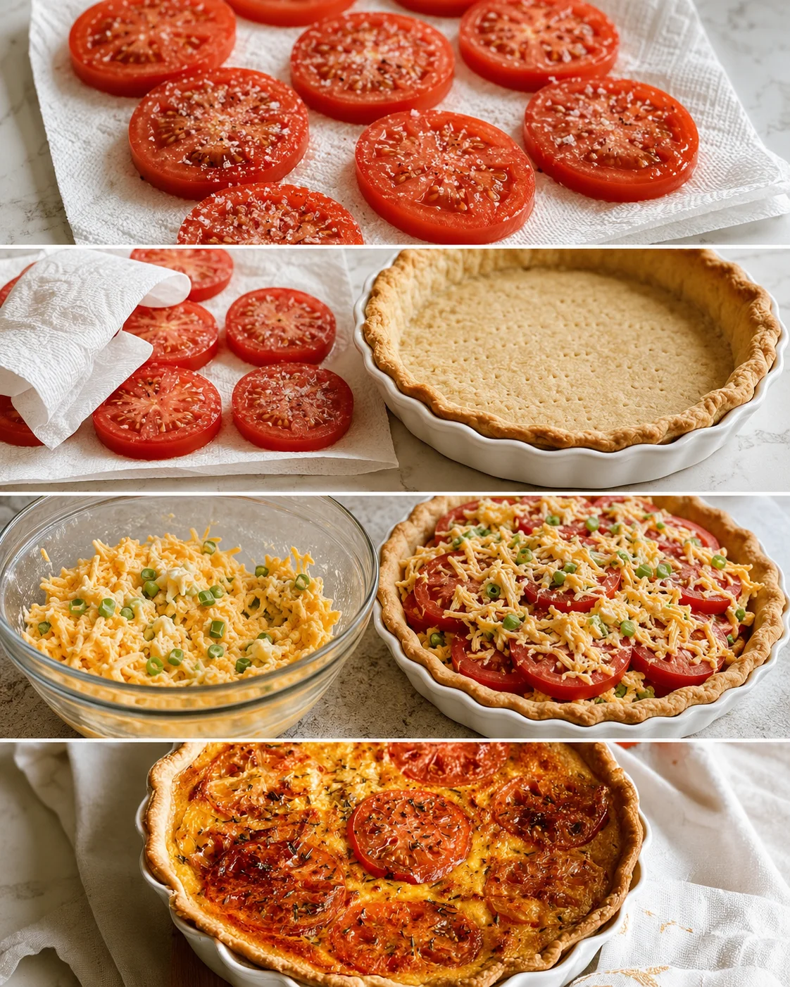 Slices of fresh tomatoes with salt, preparing for the pie crust.