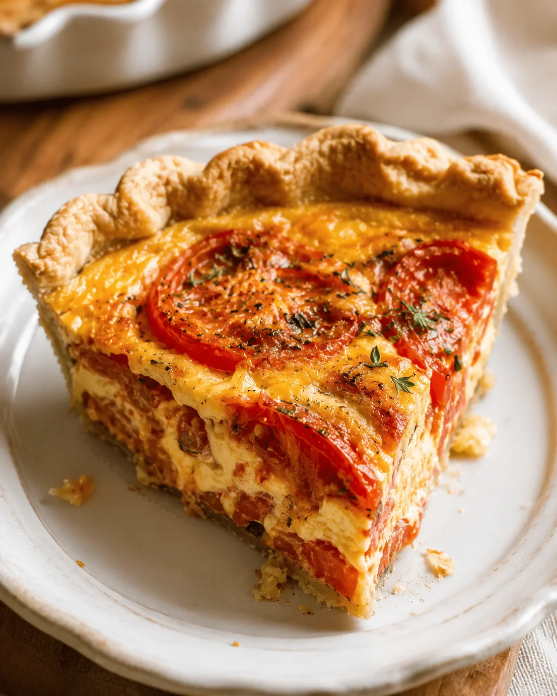 Close-up of a freshly baked Southern tomato pie with tomatoes, cheese, and crust on a white plate.
