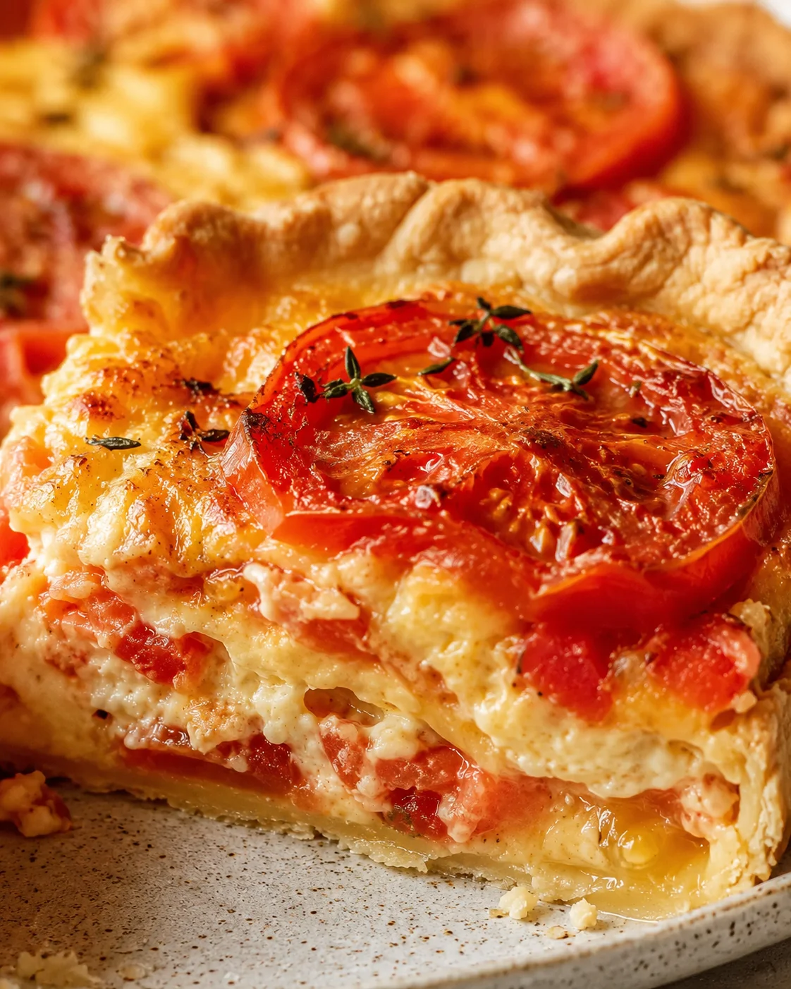 Close-up of a golden, flaky crust filled with fresh tomatoes and cheesy filling