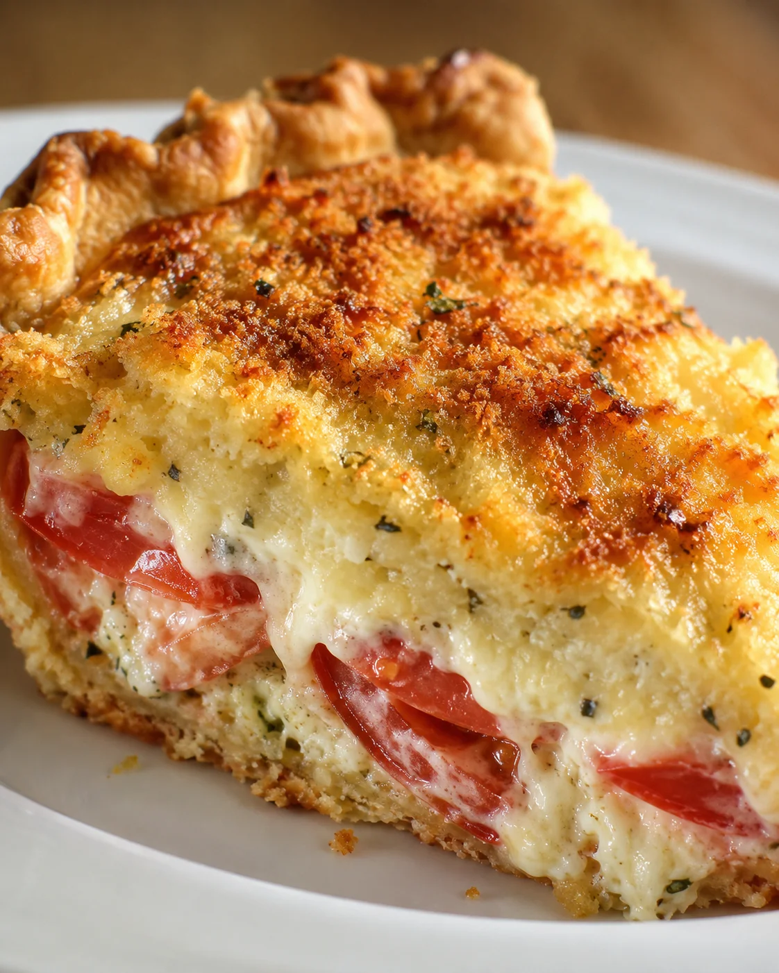 Freshly baked tomato pie with crispy crumb topping and melted cheese filling