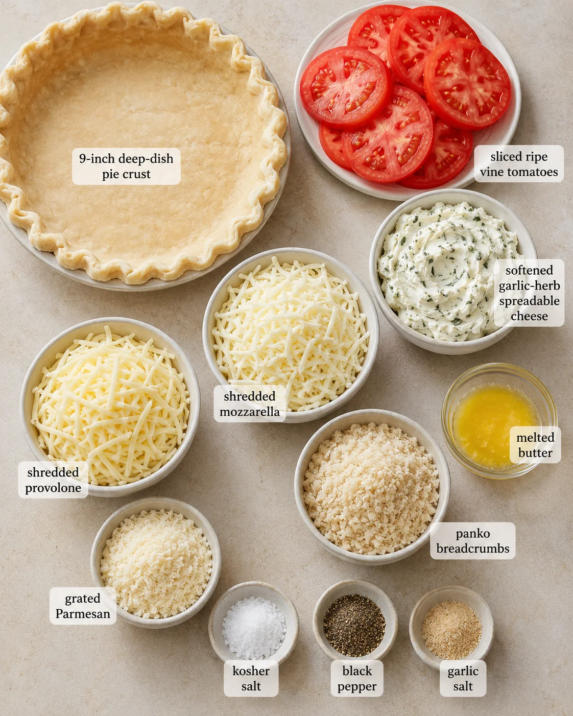 Ingredients for homemade tomato pie with crumb topping and shredded cheeses