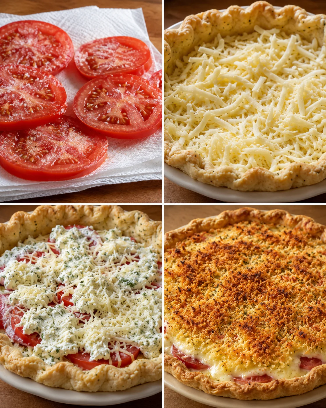 Freshly prepared tomato pie with crumb topping, cheese, and sliced tomatoes ready to bake