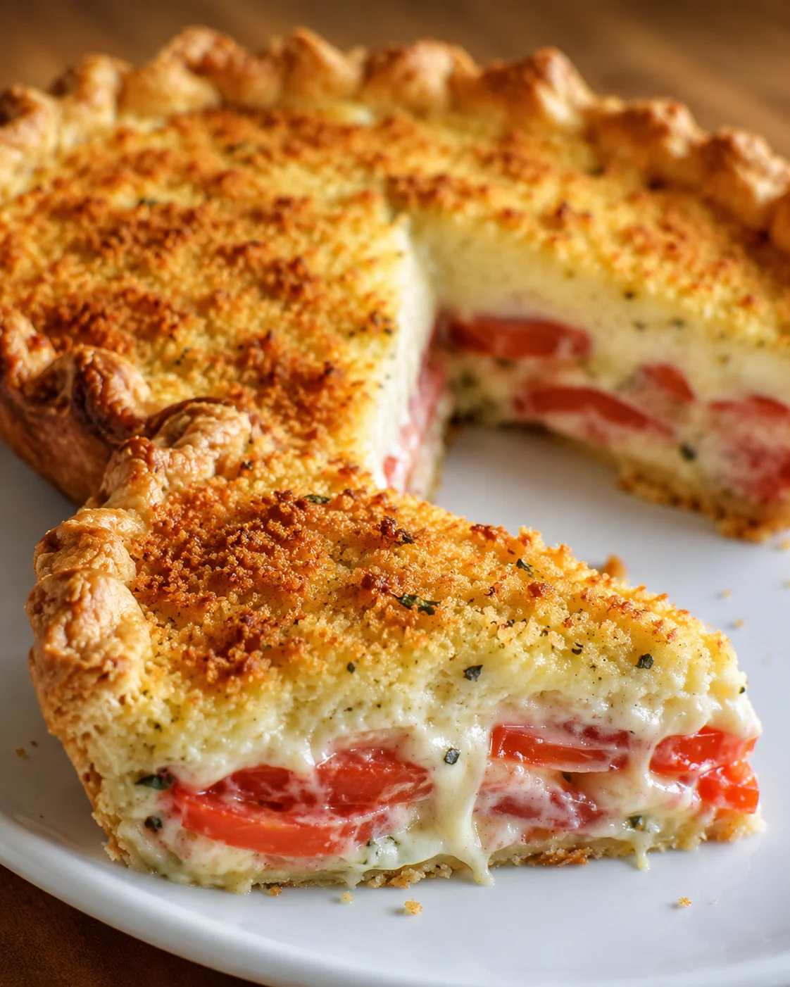 Delicious golden crumb-topped tomato pie with melty cheese and fresh tomatoes
