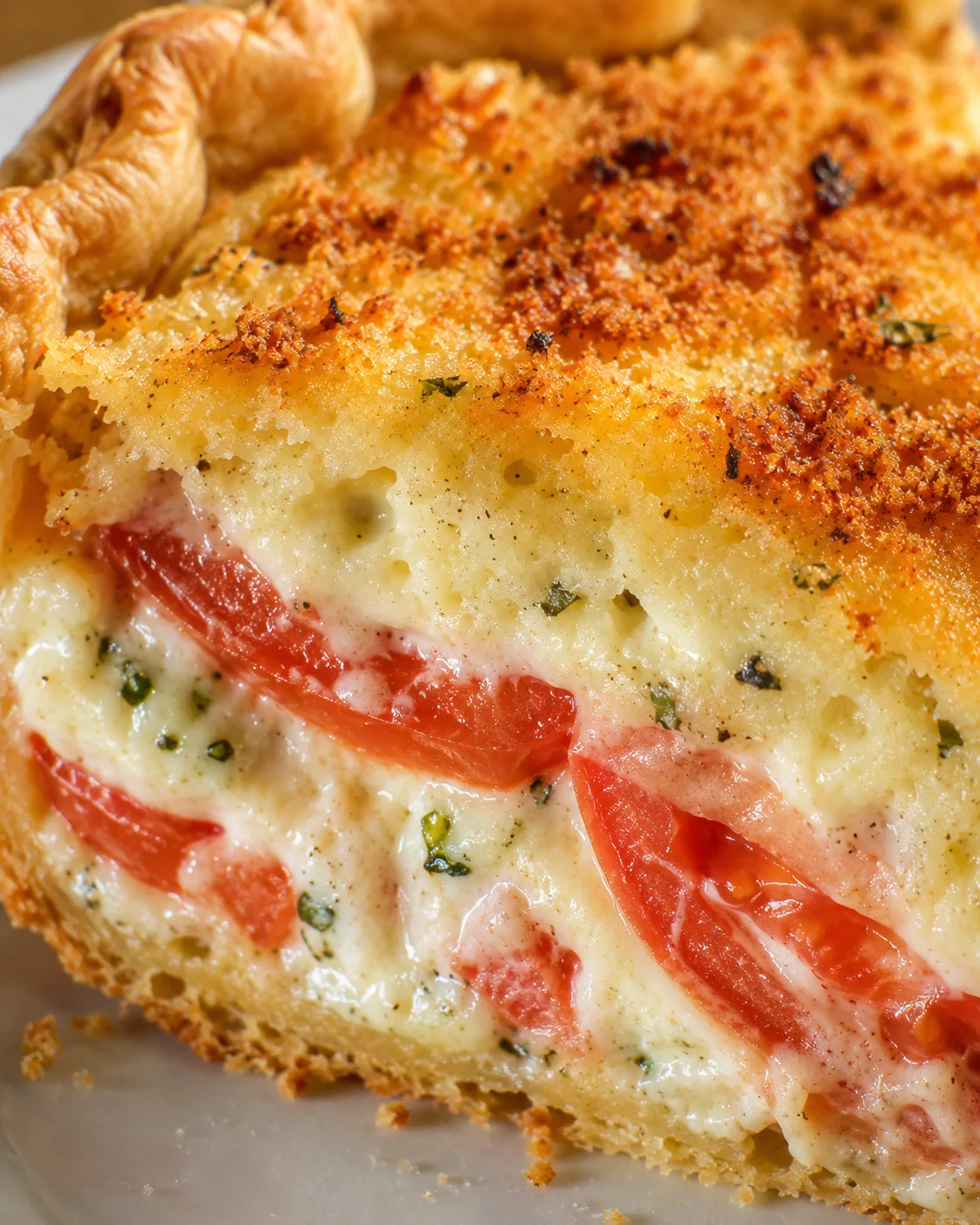 Close-up of a golden, cheesy tomato pie with crumb topping and fresh tomato slices
