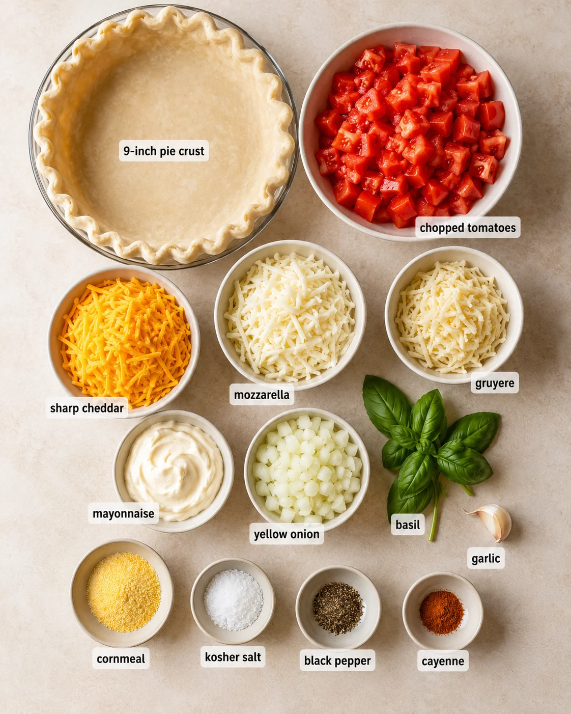 Array of ingredients including pie crust, chopped tomatoes, cheeses, and seasonings