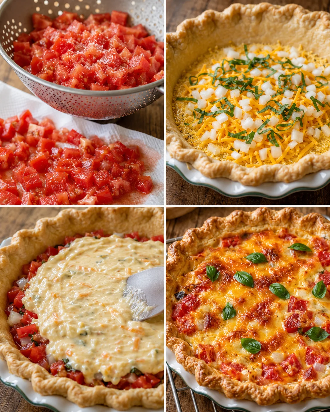 Steps showing diced tomatoes, cheese topping, and baked tomato pie with fresh basil.