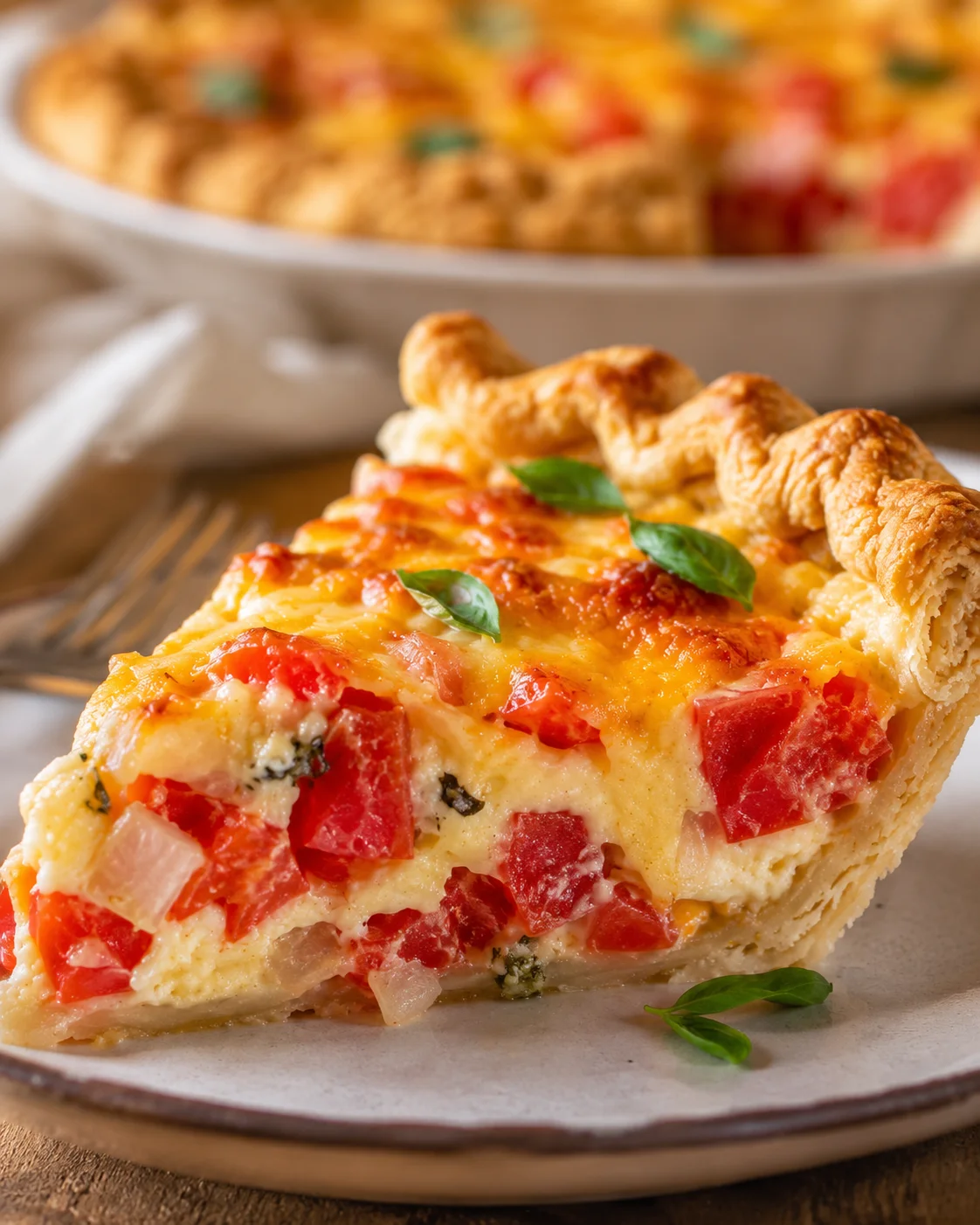 Close-up of a cheesy tomato pie with flaky crust and fresh basil leaves
